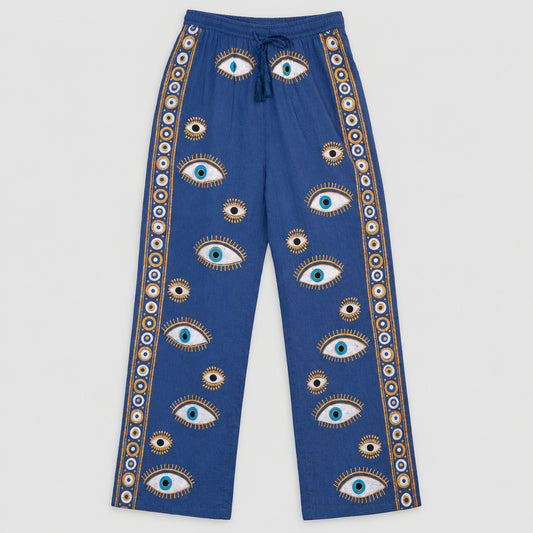 Nomad Sari Lounge Pants (L/XL) – Rich Blue with Hand-Painted Gold Evil Eye Design