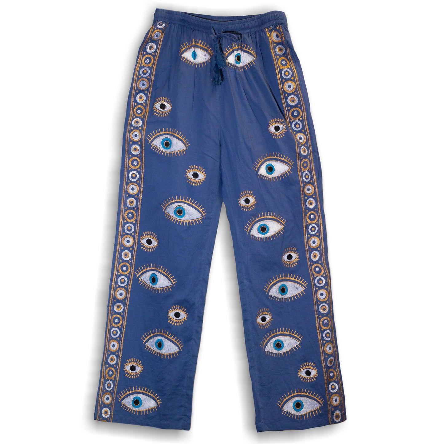 Nomad Sari Lounge Pants (M/L) – Rich Blue with Hand-Painted Gold Evil Eye Design