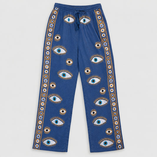 Nomad Sari Lounge Pants (M/L) – Rich Blue with Hand-Painted Gold Evil Eye Design