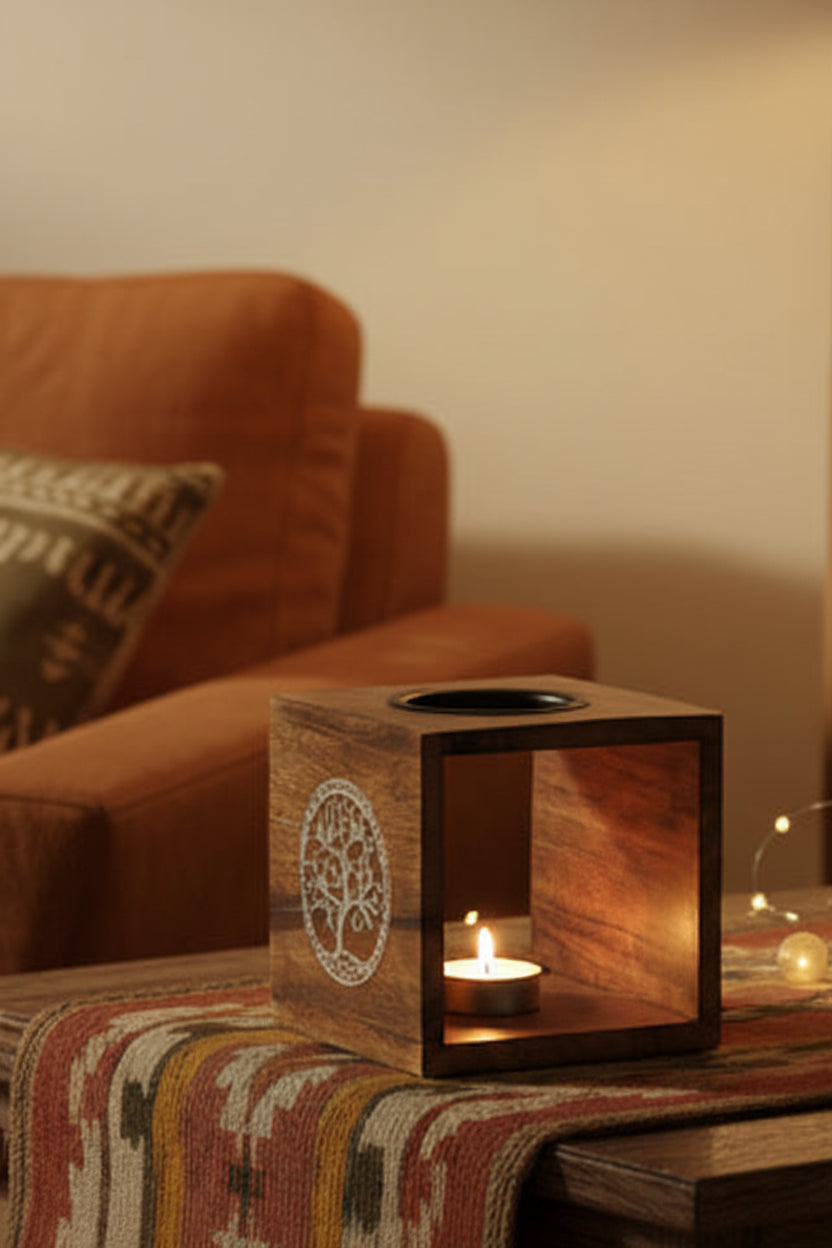 Large Square Mango Wood Oil Burner  - Tree of Life