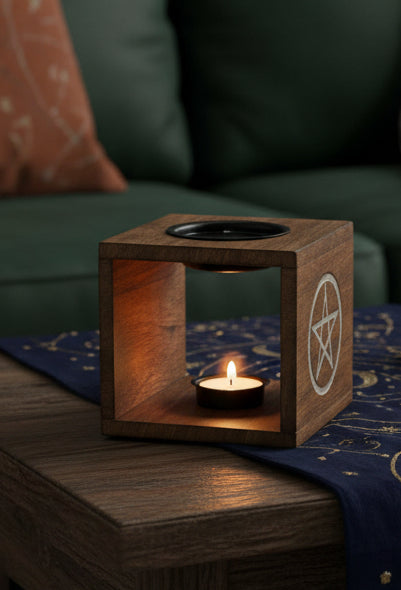 Large Square Mango Wood Oil Burner- Pentagon