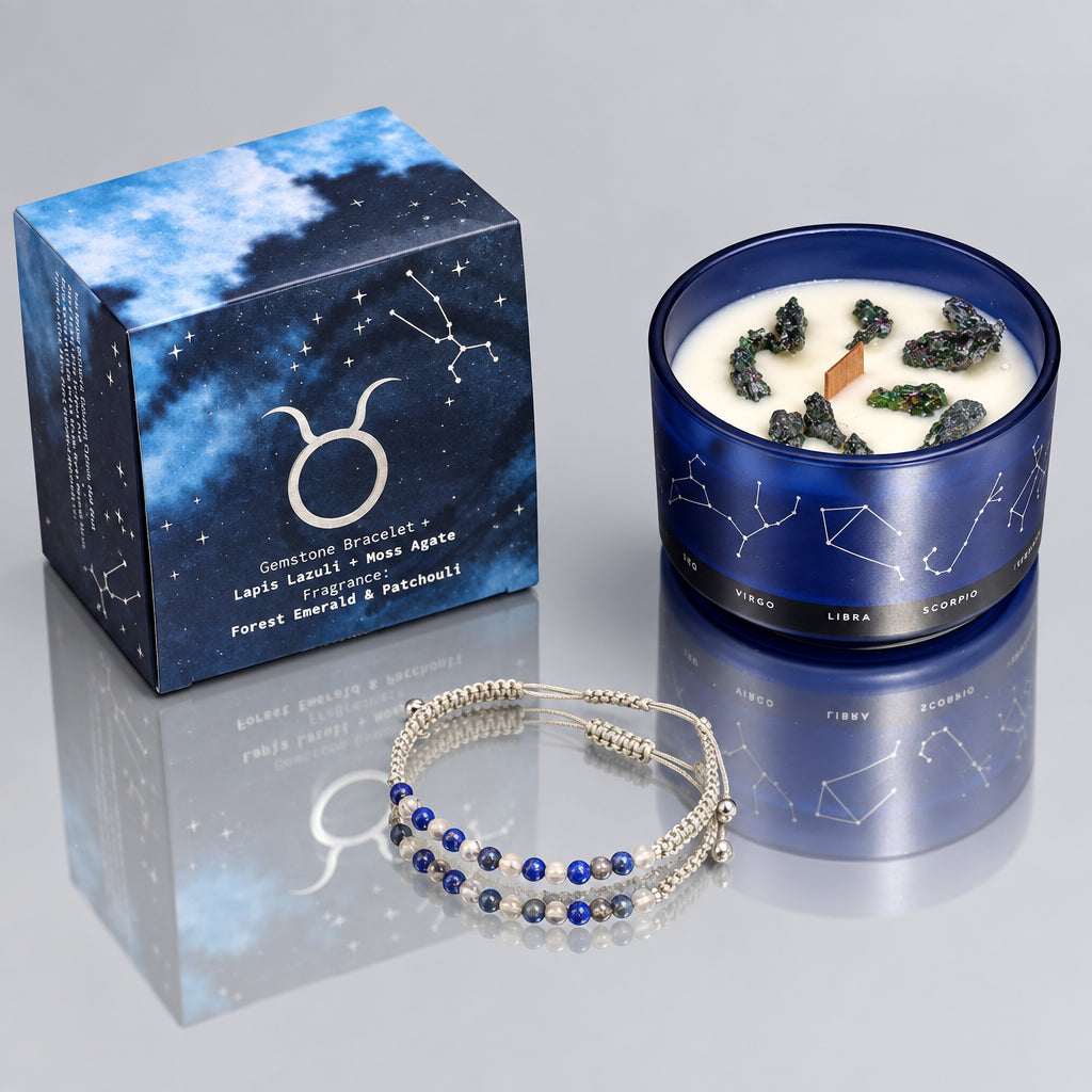 Zodiac Crystal Candle with Gemstone Bracelet - Taurus