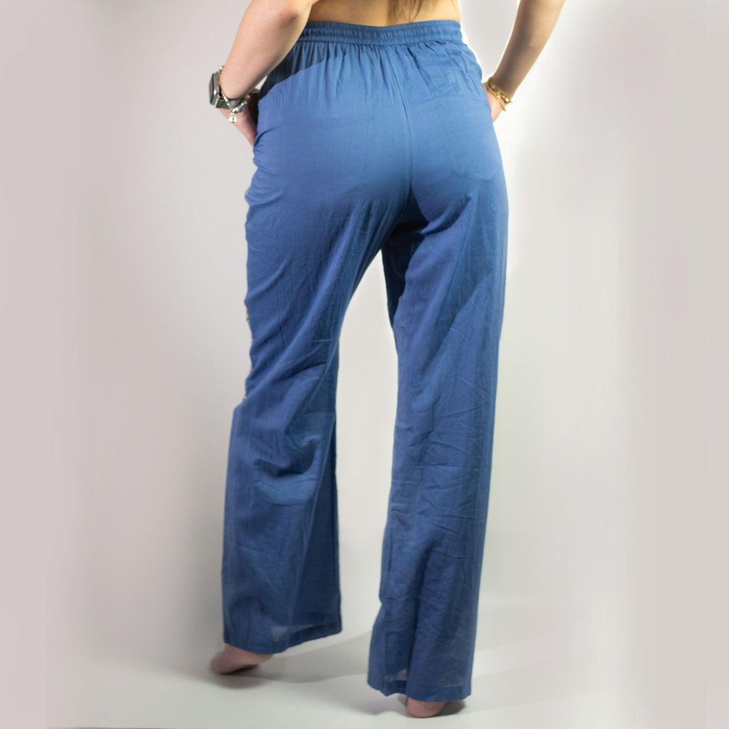 Nomad Sari Lounge Pants (L/XL) – Rich Blue with Hand-Painted Gold Evil Eye Design