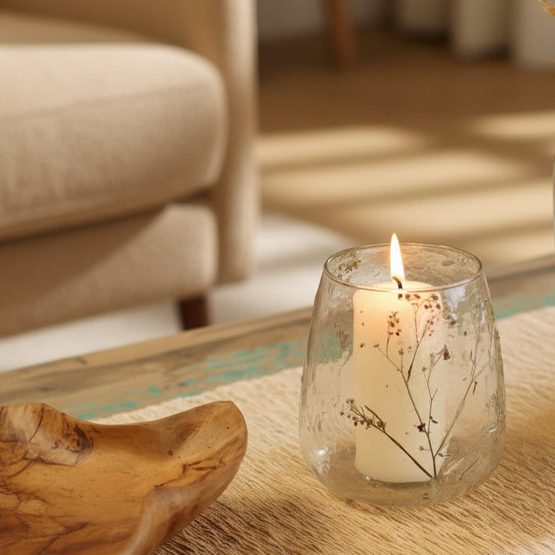 Natural Floral Glass - Vase Candle Holder - Margarita  - (12x11cm)