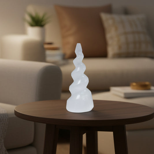 Selenite Spiral Unicorn Horn Tower - 10 cm