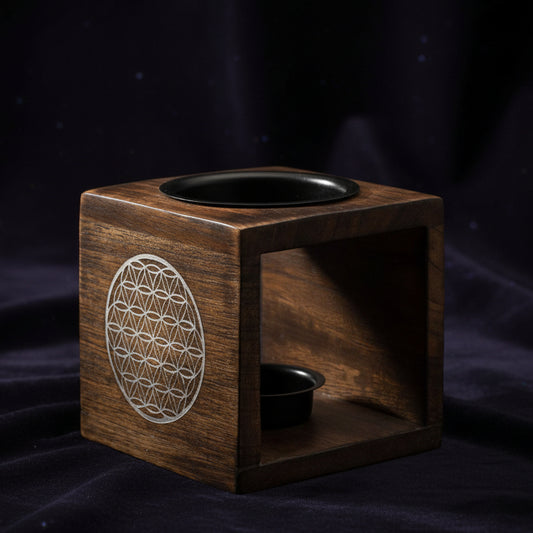 Square Mango Wood Oil Burner - Flower of Life