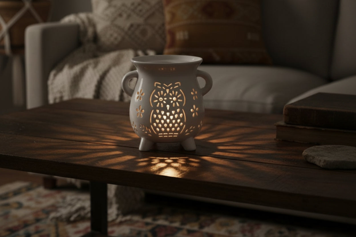 Cauldron Oil Burner - Owl - White