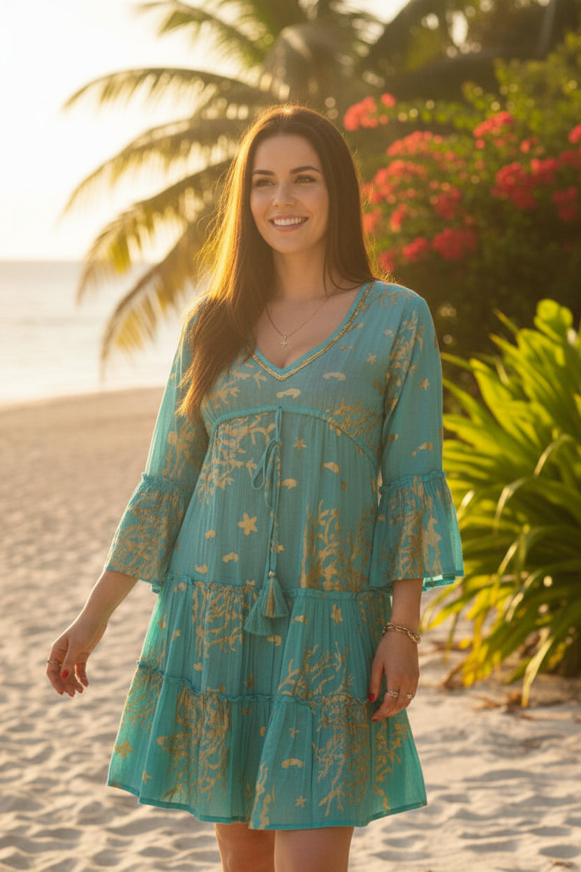 Nomad Sari Turquoise & Gold Coral Print Dress (L/XL)