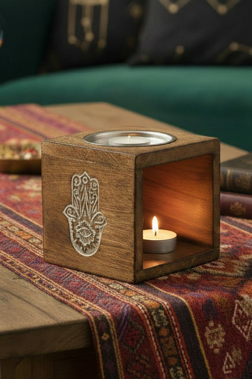 Square Mango Wood Oil Burner  - Hamsa