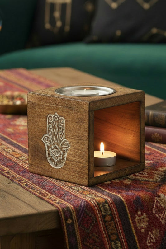 Square Mango Wood Oil Burner  - Hamsa